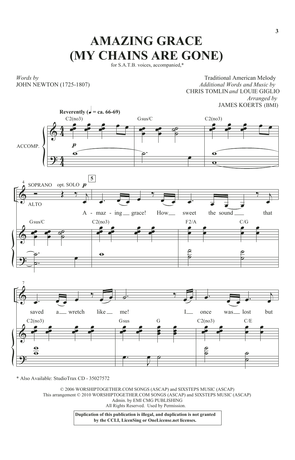 Download Chris Tomlin Amazing Grace (My Chains Are Gone) (arr. James Koerts) Sheet Music and learn how to play SATB Choir PDF digital score in minutes