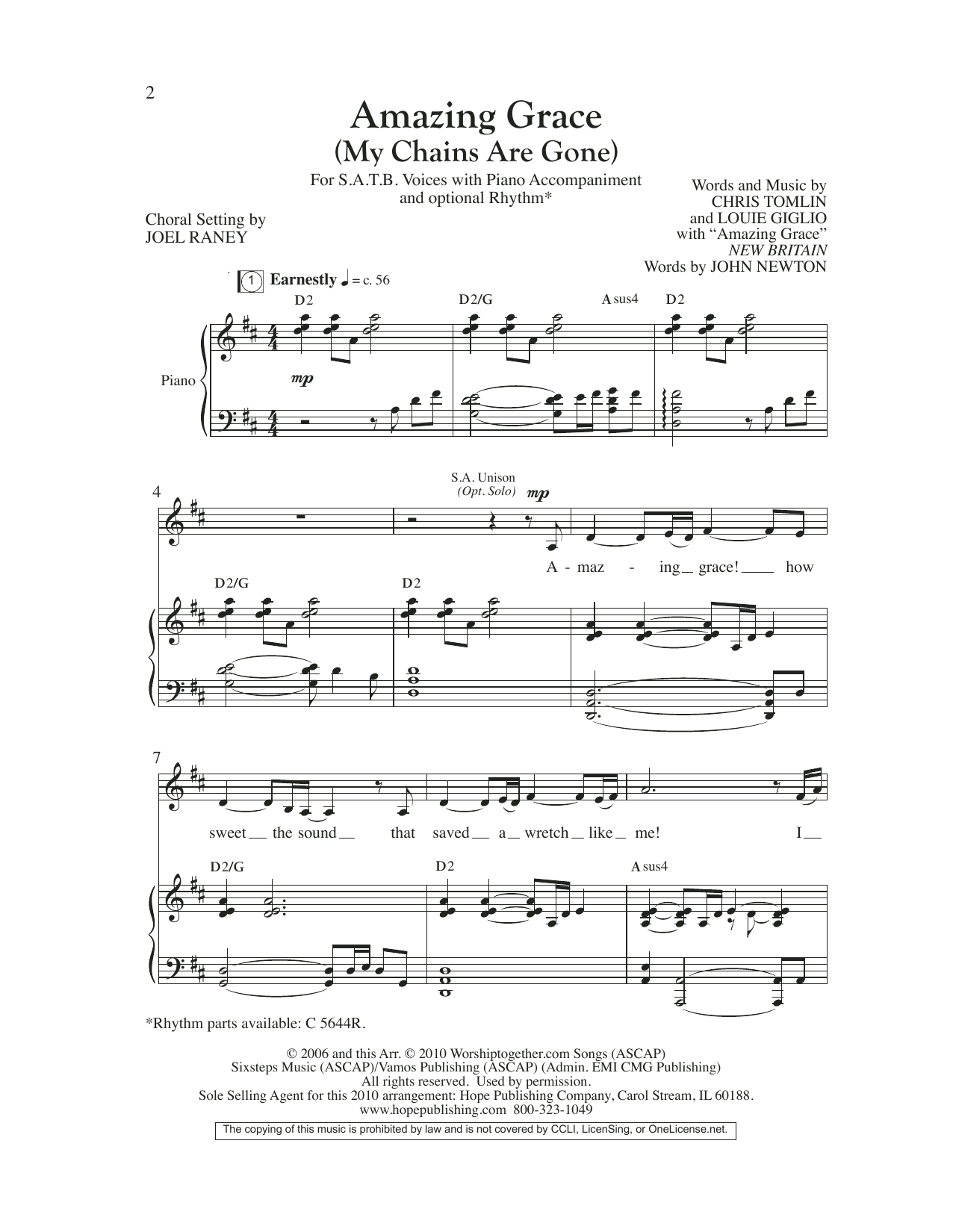 Download Chris Tomlin Amazing Grace (My Chains Are Gone) (arr. Joel Raney) Sheet Music and learn how to play 2-Part Choir PDF digital score in minutes