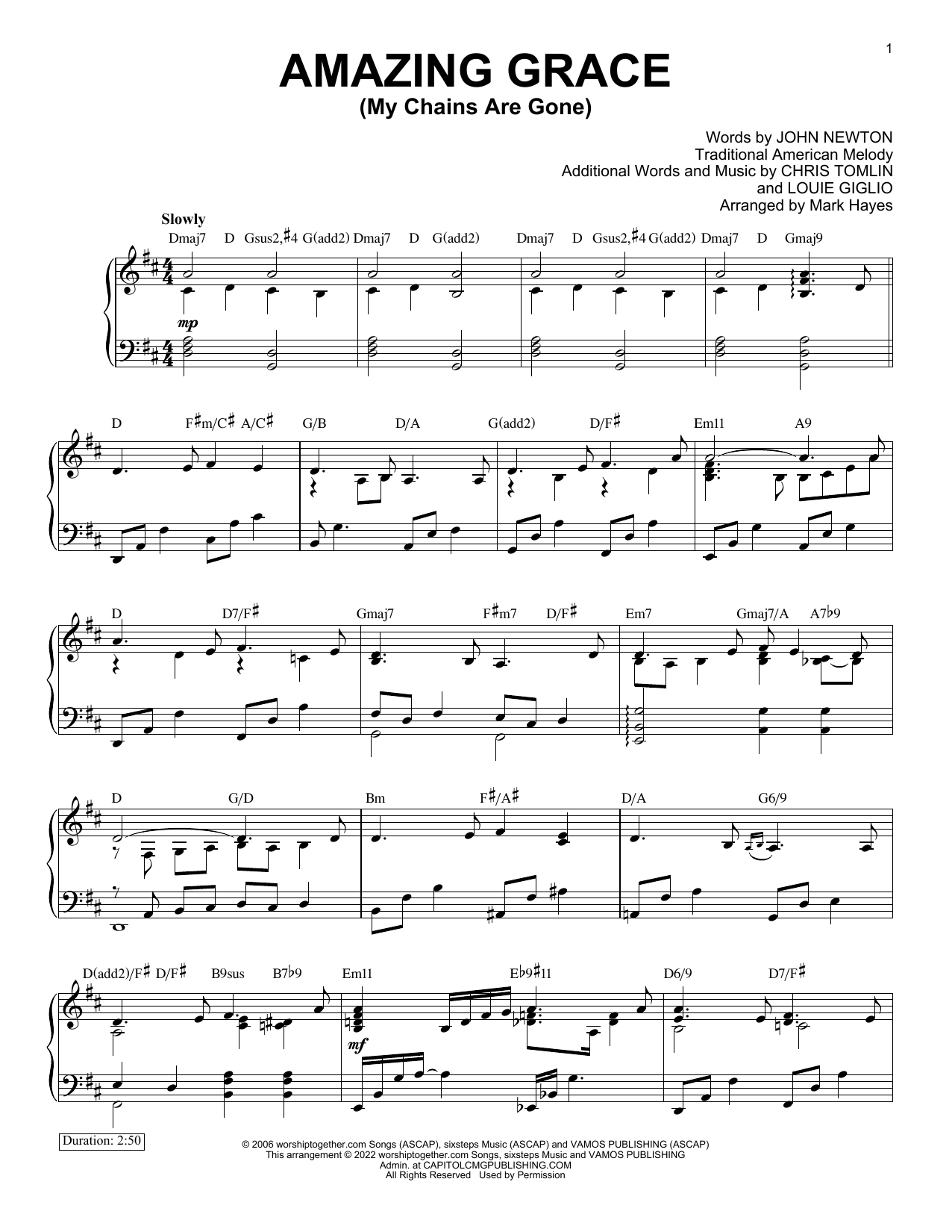 Download Chris Tomlin Amazing Grace (My Chains Are Gone) (arr. Mark Hayes) Sheet Music and learn how to play Piano Solo PDF digital score in minutes