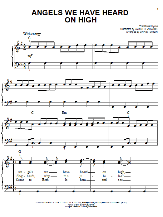 Download Chris Tomlin Angels We Have Heard On High Sheet Music and learn how to play Easy Piano PDF digital score in minutes