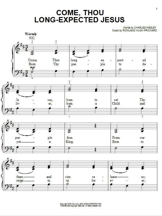 Download Chris Tomlin Come, Thou Long-Expected Jesus Sheet Music and learn how to play Easy Piano PDF digital score in minutes