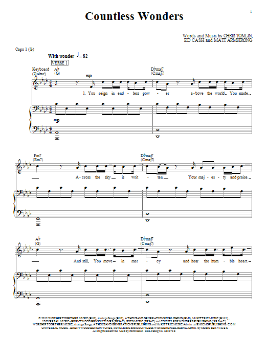 Download Chris Tomlin Countless Wonders Sheet Music and learn how to play Piano, Vocal & Guitar (Right-Hand Melody) PDF digital score in minutes