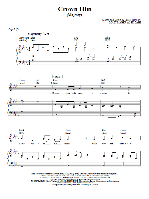 Download Chris Tomlin Crown Him (Majesty) Sheet Music and learn how to play Melody Line, Lyrics & Chords PDF digital score in minutes