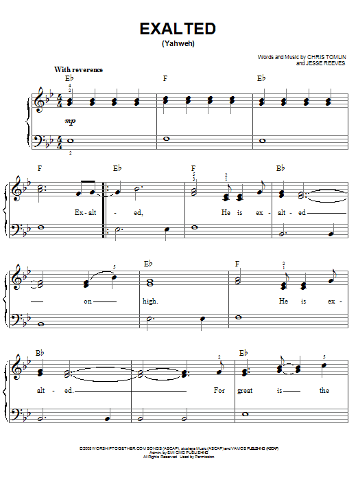 Download Chris Tomlin Exalted (Yahweh) Sheet Music and learn how to play Easy Piano PDF digital score in minutes