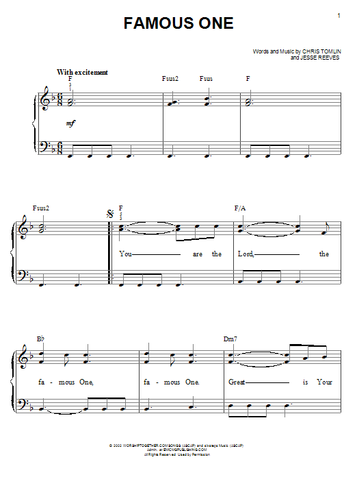 Download Chris Tomlin Famous One Sheet Music and learn how to play Easy Piano PDF digital score in minutes