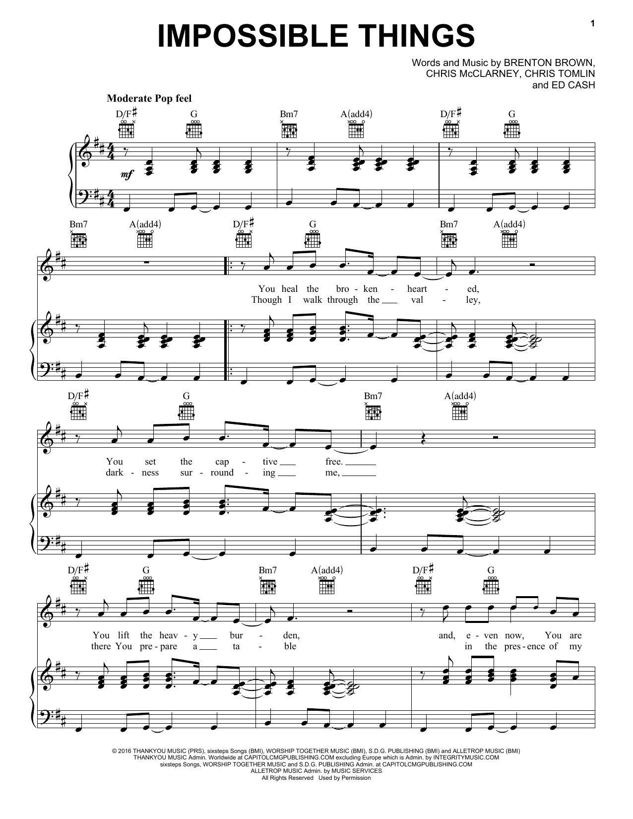 Download Chris Tomlin feat. Danny Gokey Impossible Things Sheet Music and learn how to play Piano, Vocal & Guitar Chords (Right-Hand Melody) PDF digital score in minutes