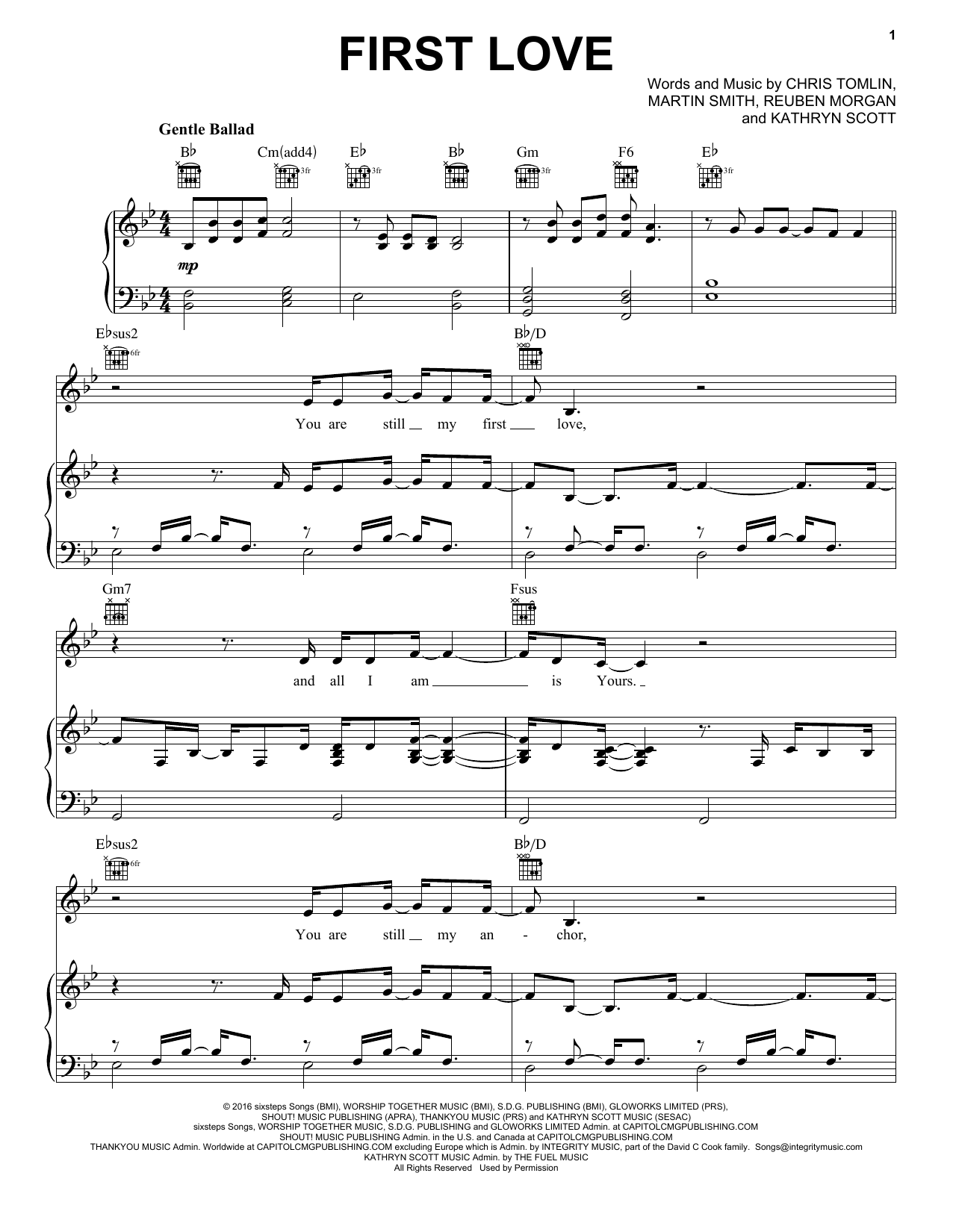 Download Chris Tomlin feat. Kim Walker-Smith First Love Sheet Music and learn how to play Piano, Vocal & Guitar Chords (Right-Hand Melody) PDF digital score in minutes