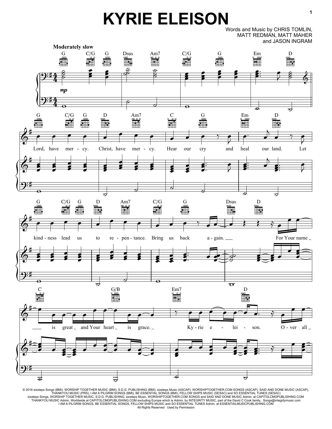 Download Chris Tomlin feat. Matt Maher, Matt Redman and Jason Ingram Kyrie Eleison Sheet Music and learn how to play Piano, Vocal & Guitar Chords (Right-Hand Melody) PDF digital score in minutes