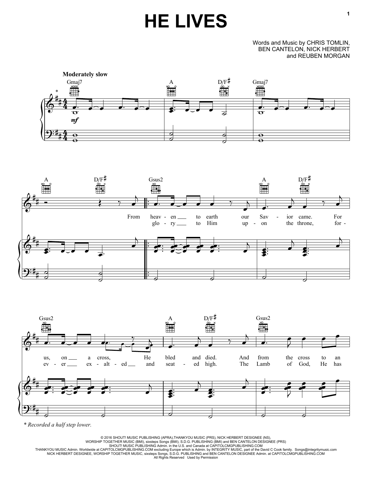 Download Chris Tomlin He Lives Sheet Music and learn how to play Piano, Vocal & Guitar Chords (Right-Hand Melody) PDF digital score in minutes