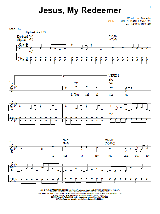 Download Chris Tomlin Jesus, My Redeemer Sheet Music and learn how to play Easy Piano PDF digital score in minutes