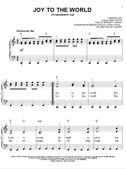 Download Chris Tomlin Joy To The World (Unspeakable Joy) Sheet Music and learn how to play Easy Piano PDF digital score in minutes