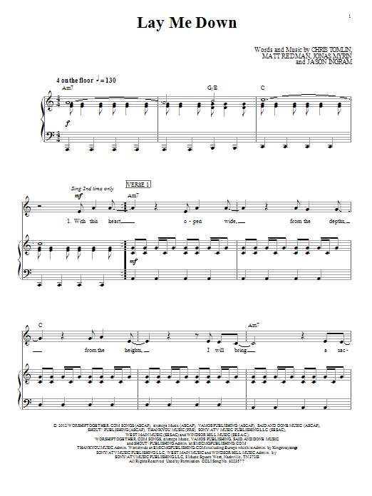 Download Chris Tomlin Lay Me Down Sheet Music and learn how to play Piano, Vocal & Guitar (Right-Hand Melody) PDF digital score in minutes