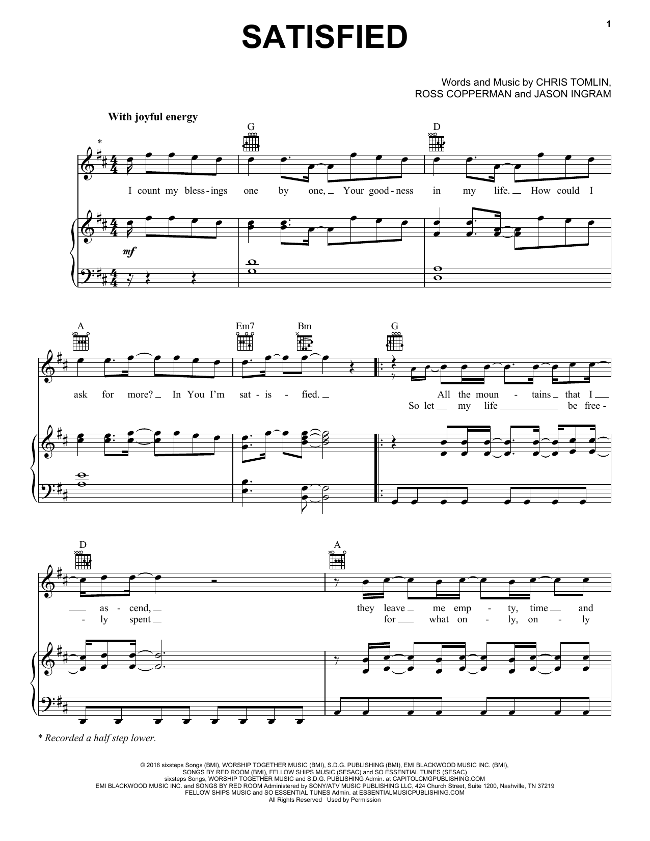 Download Chris Tomlin Satisfied Sheet Music and learn how to play Piano, Vocal & Guitar (Right-Hand Melody) PDF digital score in minutes