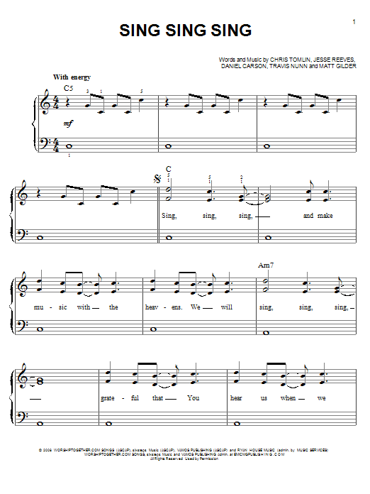 Download Chris Tomlin Sing, Sing, Sing Sheet Music and learn how to play Piano PDF digital score in minutes