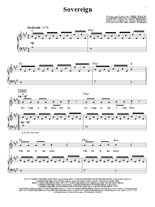 Download Chris Tomlin Sovereign Sheet Music and learn how to play Piano, Vocal & Guitar (Right-Hand Melody) PDF digital score in minutes