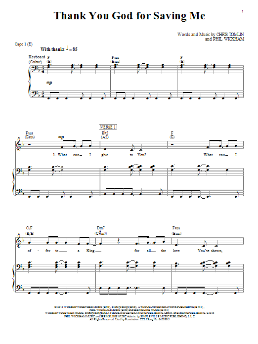 Download Chris Tomlin Thank You God For Saving Me Sheet Music and learn how to play Piano, Vocal & Guitar (Right-Hand Melody) PDF digital score in minutes