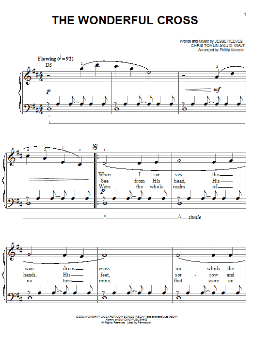 Download Phillips, Craig & Dean The Wonderful Cross Sheet Music and learn how to play Easy Piano PDF digital score in minutes