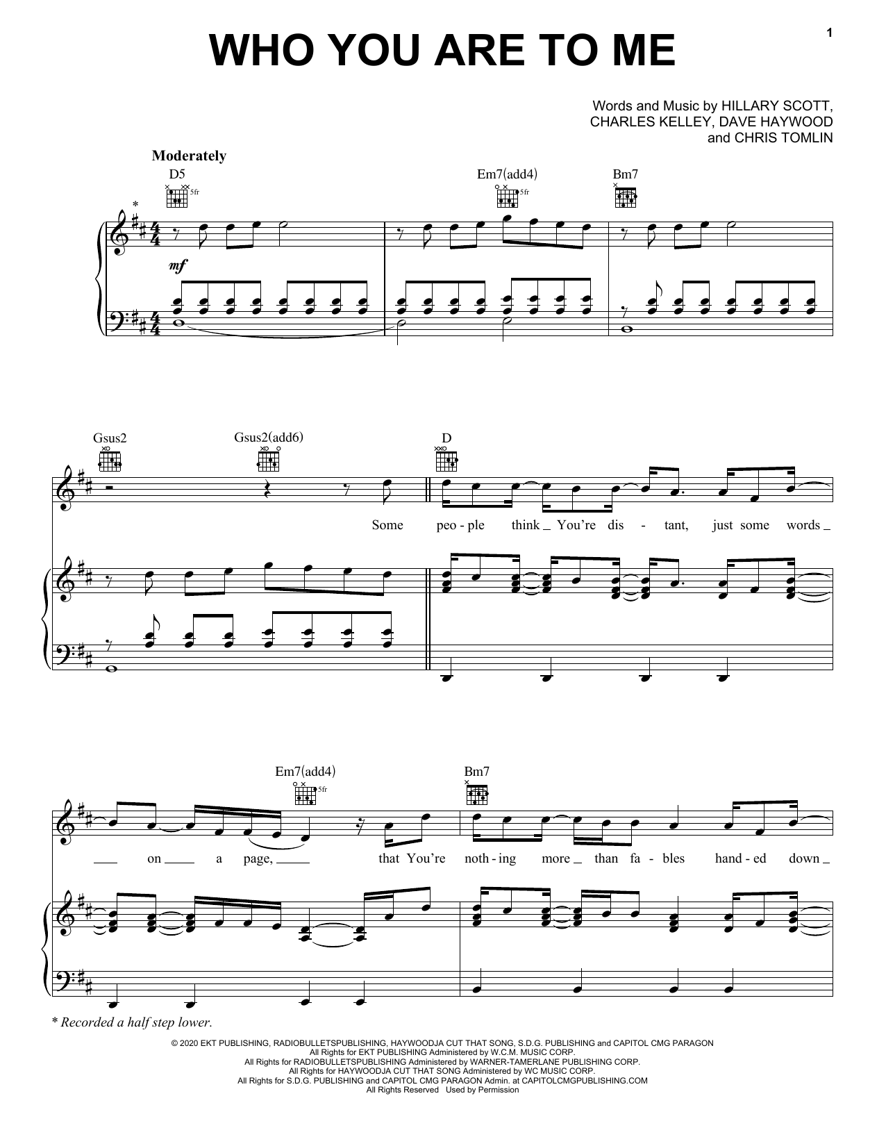 Download Chris Tomlin Who You Are To Me (feat. Lady A) Sheet Music and learn how to play Piano, Vocal & Guitar Chords (Right-Hand Melody) PDF digital score in minutes