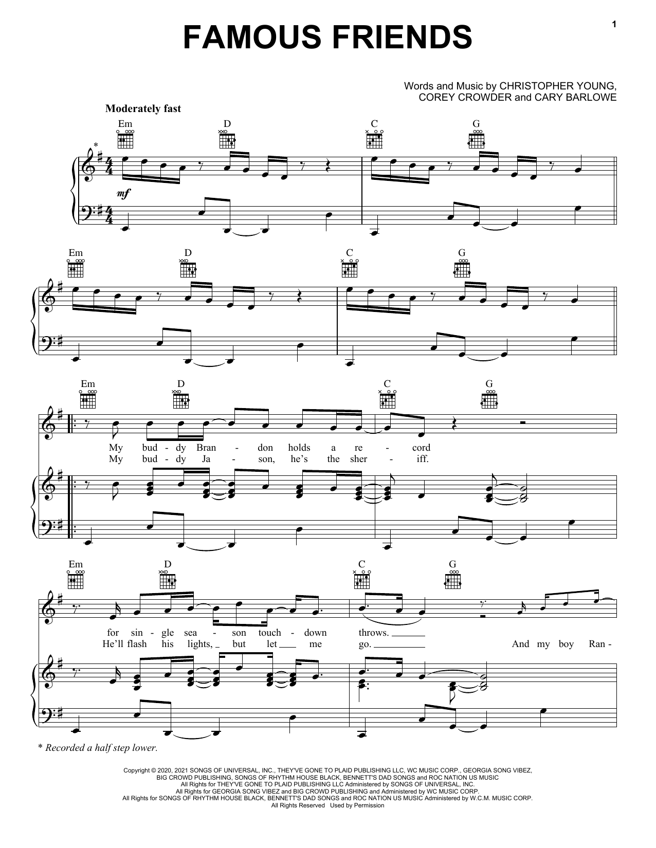 Download Chris Young and Kane Brown Famous Friends Sheet Music and learn how to play Piano, Vocal & Guitar Chords (Right-Hand Melody) PDF digital score in minutes