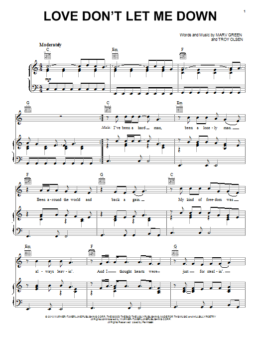 Download Chris Young and Patty Loveless Love Don't Let Me Down Sheet Music and learn how to play Piano, Vocal & Guitar (Right-Hand Melody) PDF digital score in minutes