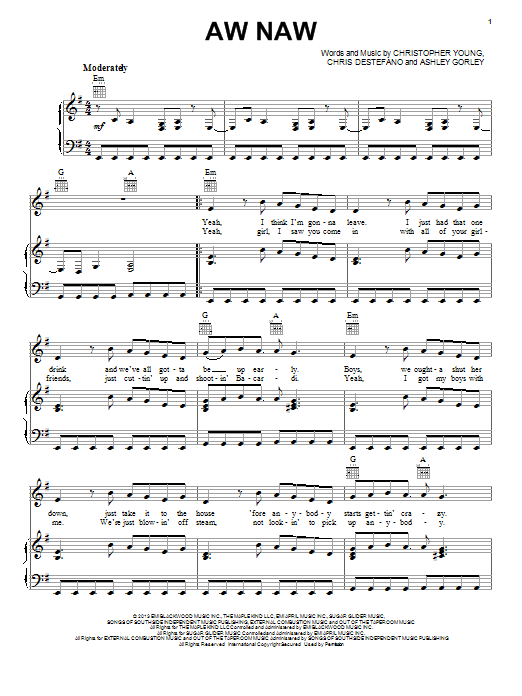 Download Chris Young Aw Naw Sheet Music and learn how to play Piano, Vocal & Guitar (Right-Hand Melody) PDF digital score in minutes