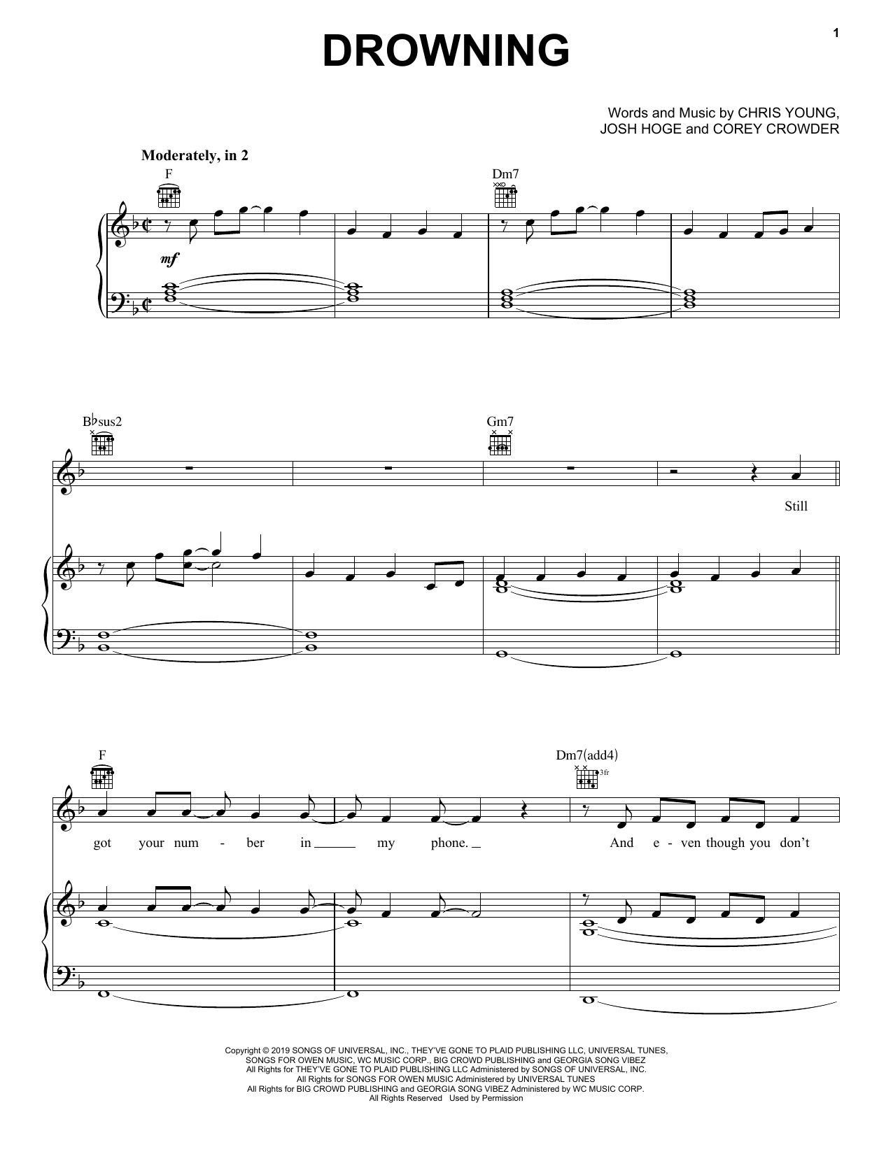 Download Chris Young Drowning Sheet Music and learn how to play Piano, Vocal & Guitar Chords (Right-Hand Melody) PDF digital score in minutes