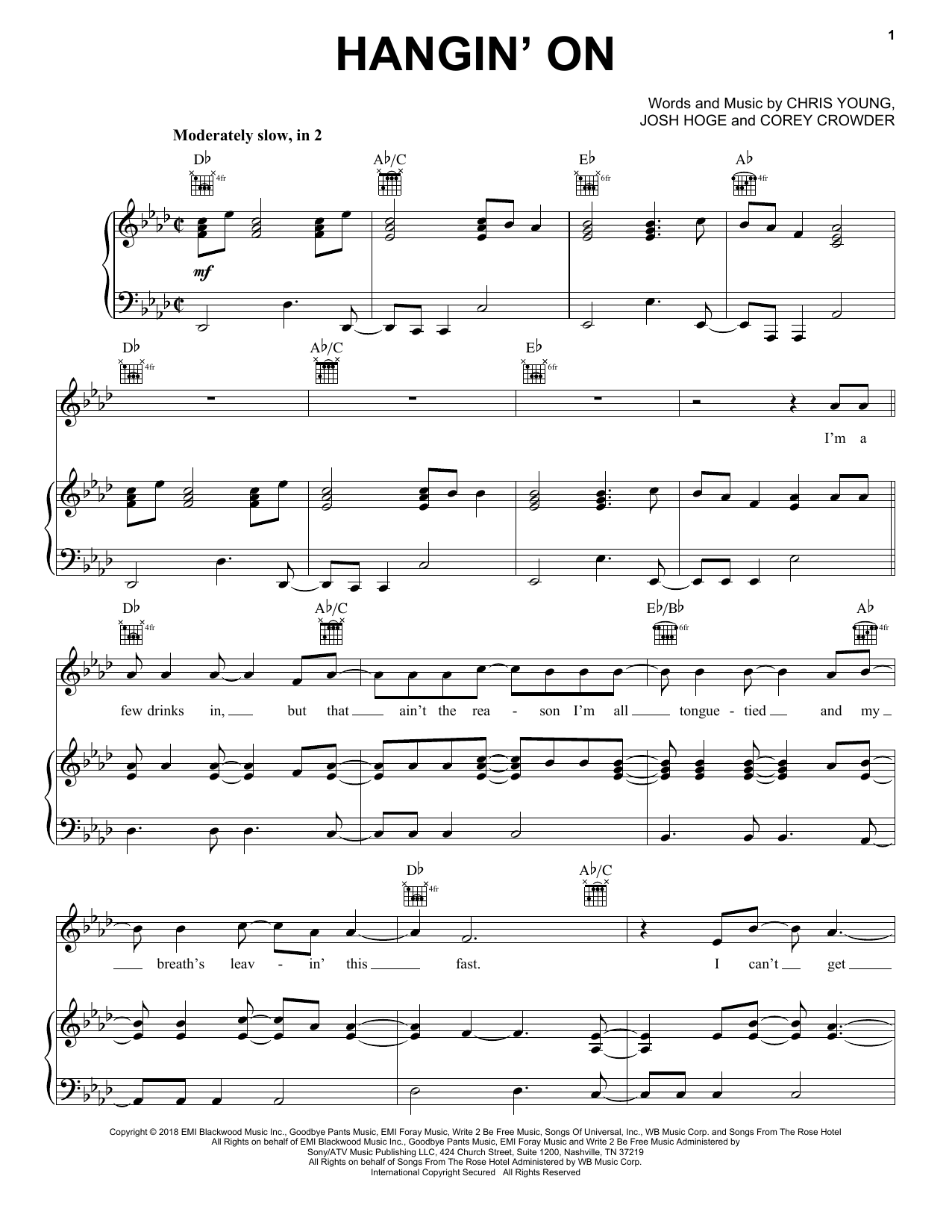 Download Chris Young Hangin' On Sheet Music and learn how to play Piano, Vocal & Guitar Chords (Right-Hand Melody) PDF digital score in minutes