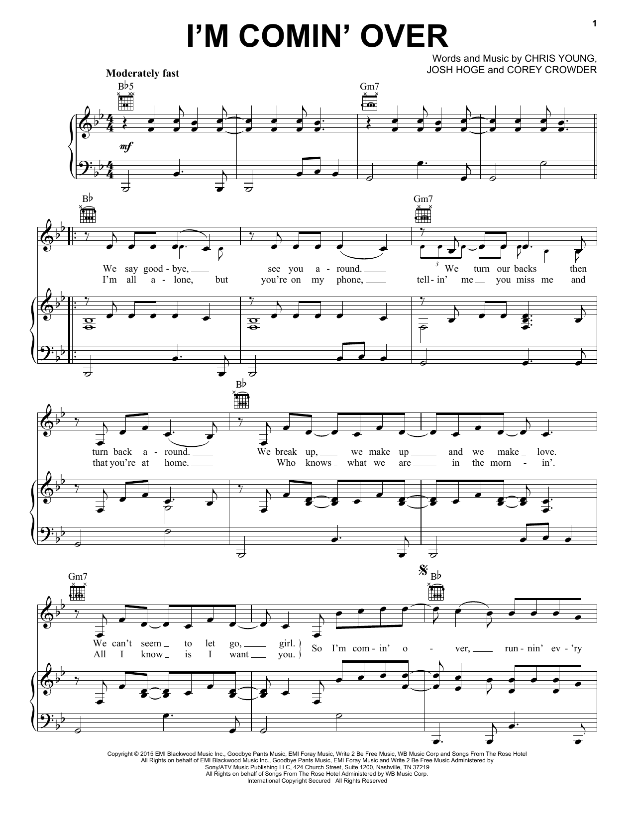 Download Chris Young I'm Comin' Over Sheet Music and learn how to play Piano, Vocal & Guitar (Right-Hand Melody) PDF digital score in minutes