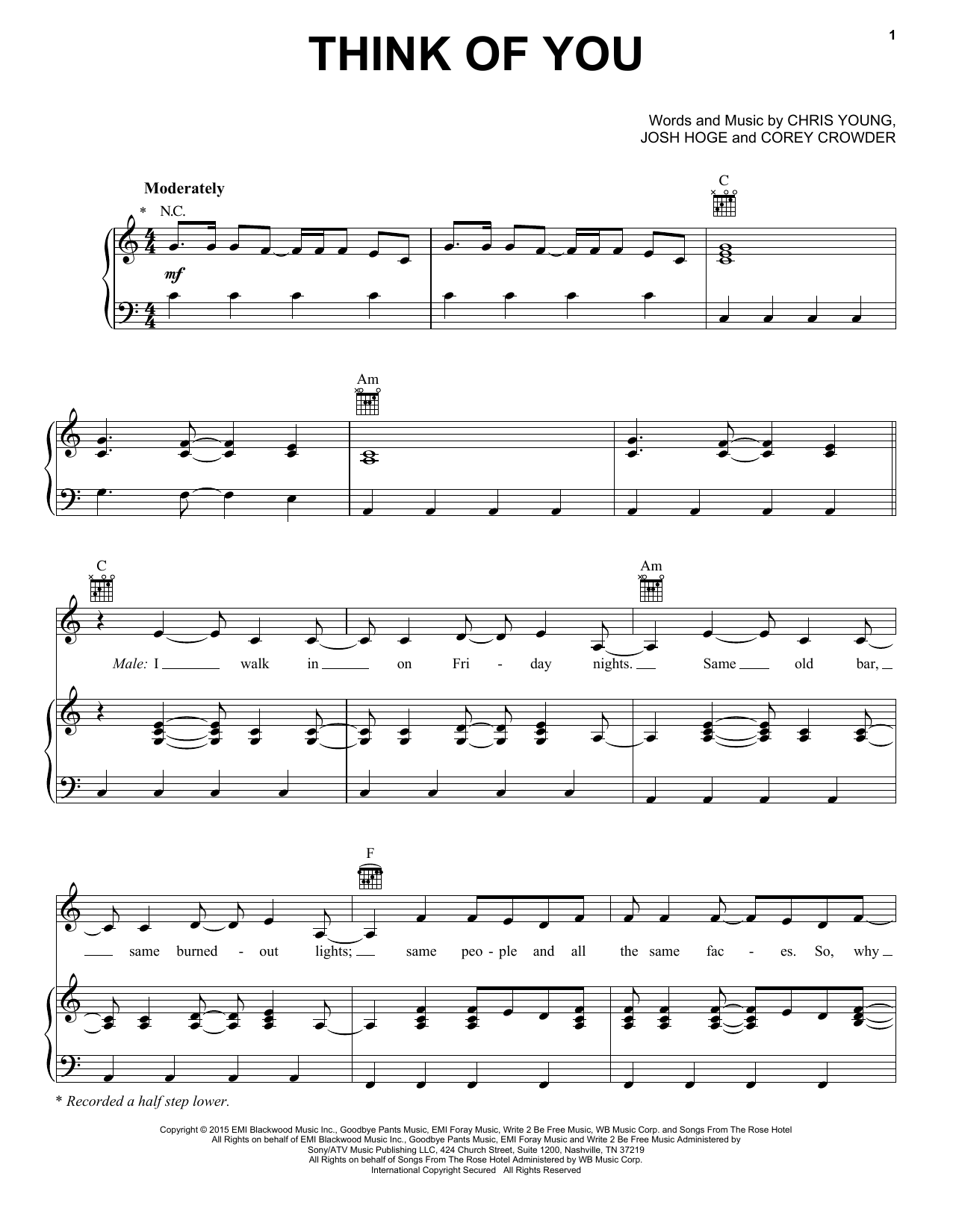 Download Chris Young with Cassadee Pope Think Of You Sheet Music and learn how to play Piano, Vocal & Guitar (Right-Hand Melody) PDF digital score in minutes