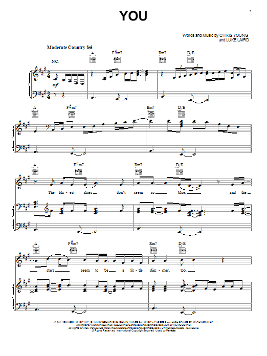 Download Chris Young You Sheet Music and learn how to play Piano, Vocal & Guitar (Right-Hand Melody) PDF digital score in minutes