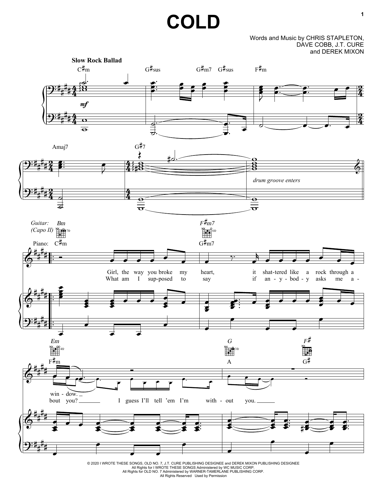 Chris Stapleton "Cold" Sheet Music Notes Download Printable PDF Score
