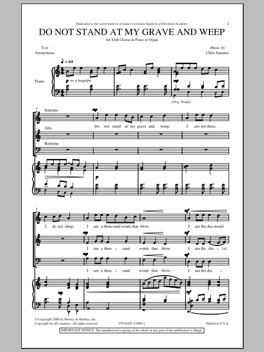 Download Christ Saranec Do Not Stand At My Grave And Weep Sheet Music and learn how to play SAB PDF digital score in minutes