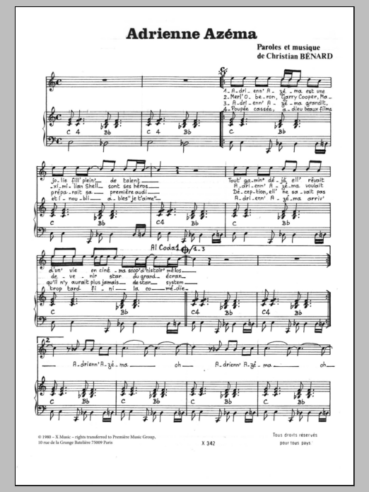 Download Christian Bénard Adrienne Azema Sheet Music and learn how to play Piano & Vocal PDF digital score in minutes