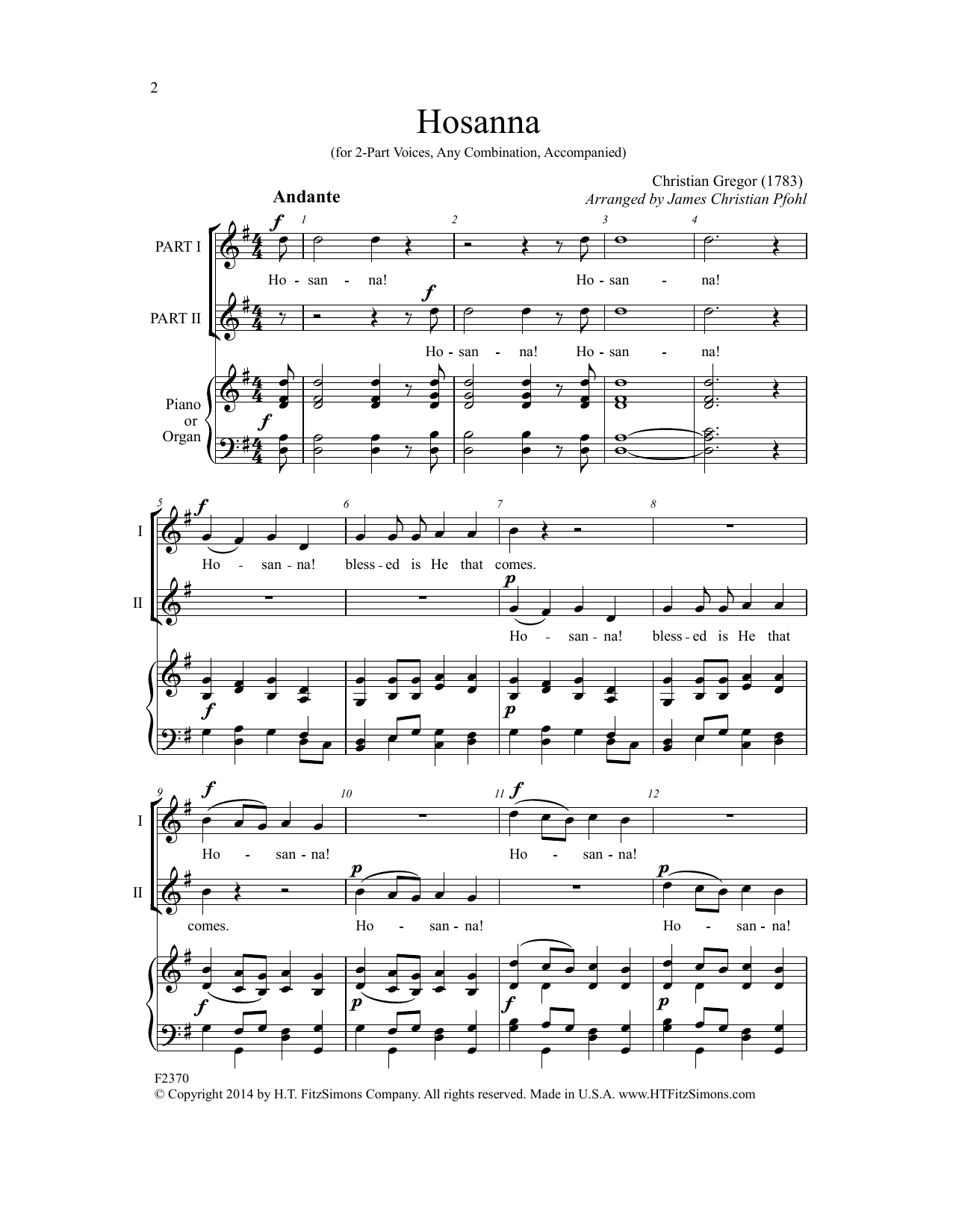 Download Christian Gregor Hosanna (arr. James Christian Pfohl) Sheet Music and learn how to play 2-Part Choir PDF digital score in minutes