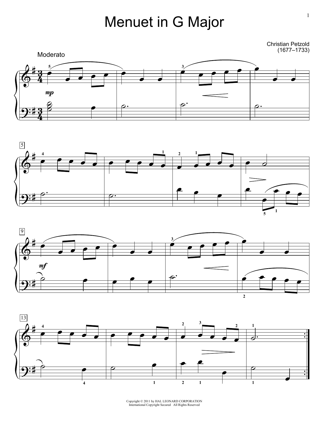 Download Christian Petzold Menuet In G Major, BWV App. 114 Sheet Music and learn how to play Easy Piano PDF digital score in minutes