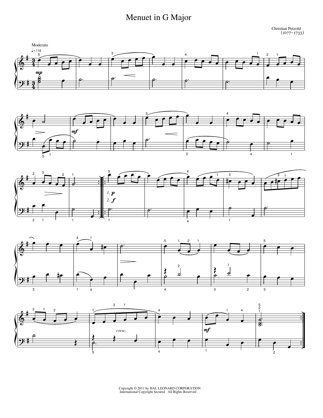 Download Christian Petzold Menuet in G Major Sheet Music and learn how to play Easy Piano PDF digital score in minutes