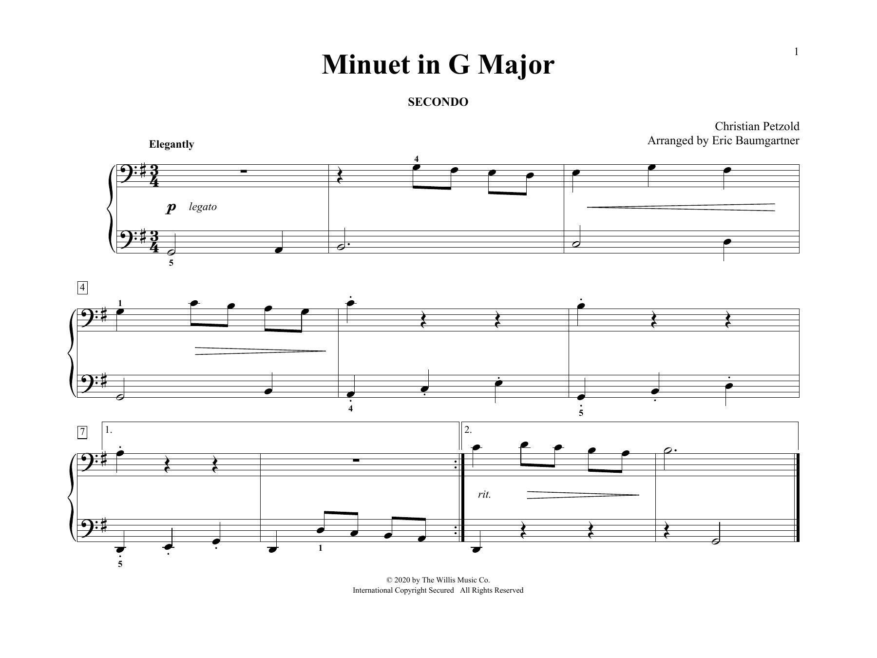 Download Christian Petzold Minuet In G Major (arr. Eric Baumgartner) Sheet Music and learn how to play Piano Duet PDF digital score in minutes