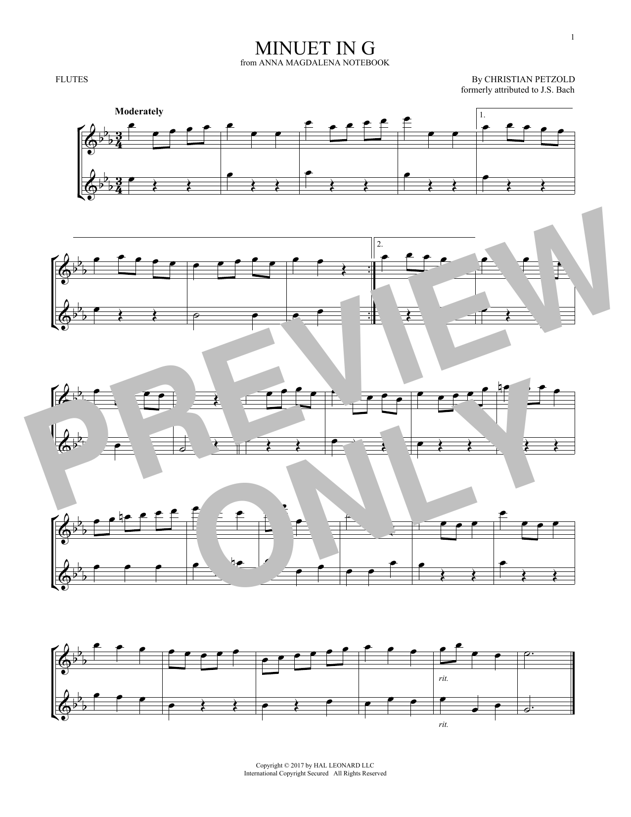 Download Christian Petzold Minuet In G Major, BWV Anh. 114 Sheet Music and learn how to play Flute Duet PDF digital score in minutes