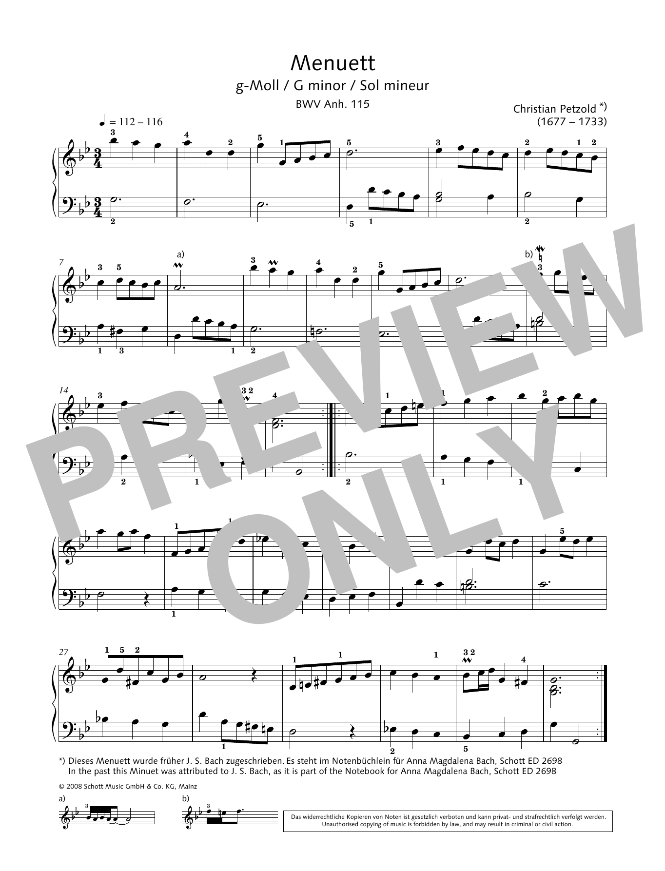 Download Christian Petzold Minuet In G Minor, BWV Anh. 115 Sheet Music and learn how to play Educational Piano PDF digital score in minutes