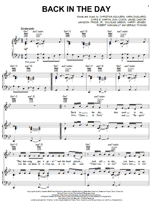 Download Christina Aguilera Back In The Day Sheet Music and learn how to play Piano, Vocal & Guitar (Right-Hand Melody) PDF digital score in minutes