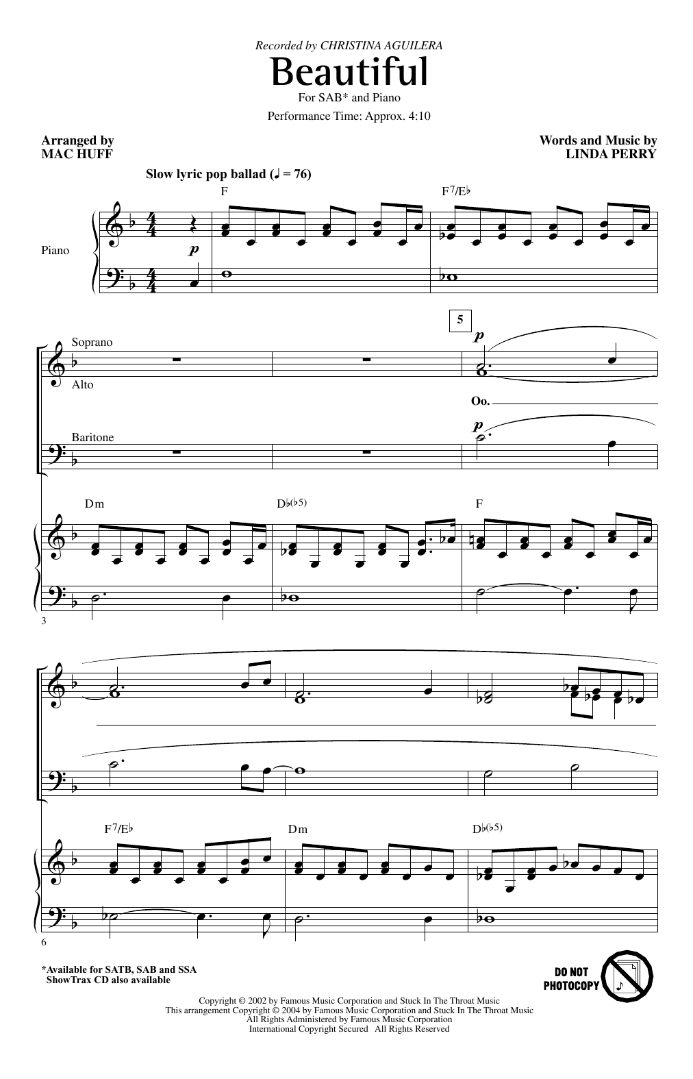 Download Christina Aguilera Beautiful (arr. Mac Huff) Sheet Music and learn how to play SAB Choir PDF digital score in minutes