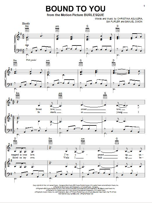 Download Christina Aguilera Bound To You Sheet Music and learn how to play Piano, Vocal & Guitar (Right-Hand Melody) PDF digital score in minutes