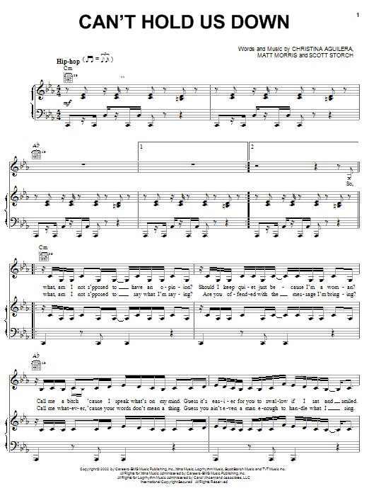 Download Christina Aguilera Can't Hold Us Down Sheet Music and learn how to play Piano, Vocal & Guitar (Right-Hand Melody) PDF digital score in minutes
