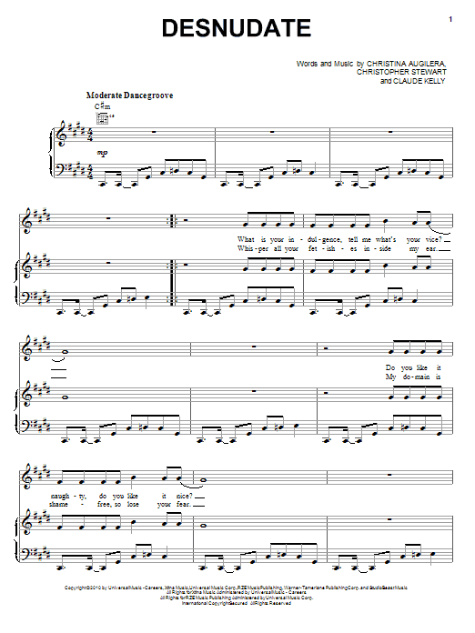 Download Christina Aguilera Desnudate Sheet Music and learn how to play Piano, Vocal & Guitar (Right-Hand Melody) PDF digital score in minutes