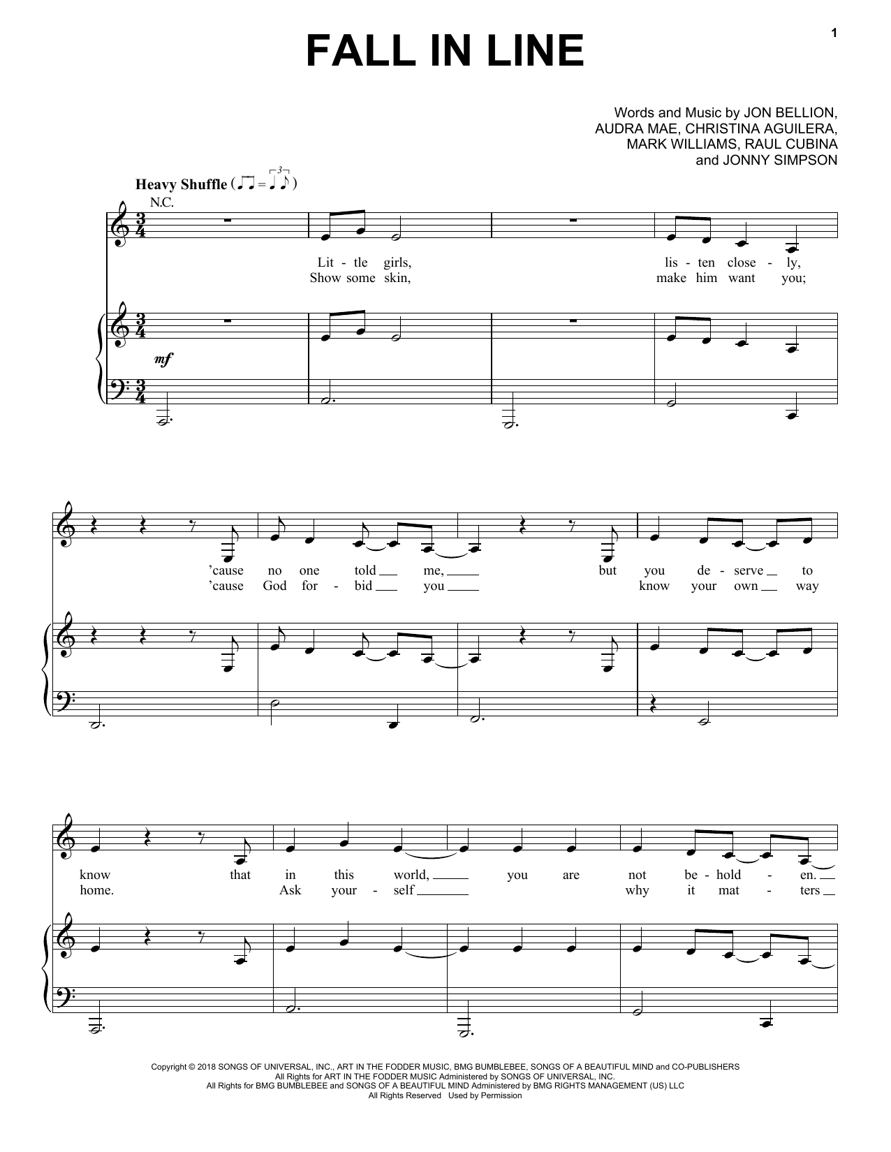 Download Christina Aguilera feat. Demi Lovato Fall In Line Sheet Music and learn how to play Piano, Vocal & Guitar (Right-Hand Melody) PDF digital score in minutes