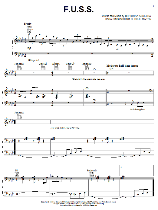 Download Christina Aguilera F.U.S.S. Sheet Music and learn how to play Piano, Vocal & Guitar (Right-Hand Melody) PDF digital score in minutes