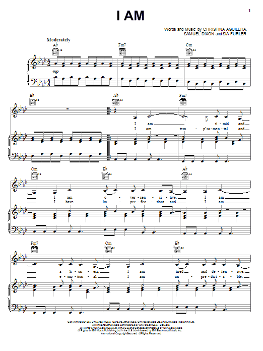 Download Christina Aguilera I Am Sheet Music and learn how to play Piano, Vocal & Guitar (Right-Hand Melody) PDF digital score in minutes