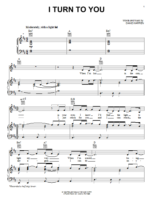 Download Christina Aguilera I Turn To You Sheet Music and learn how to play Piano, Vocal & Guitar Chords (Right-Hand Melody) PDF digital score in minutes