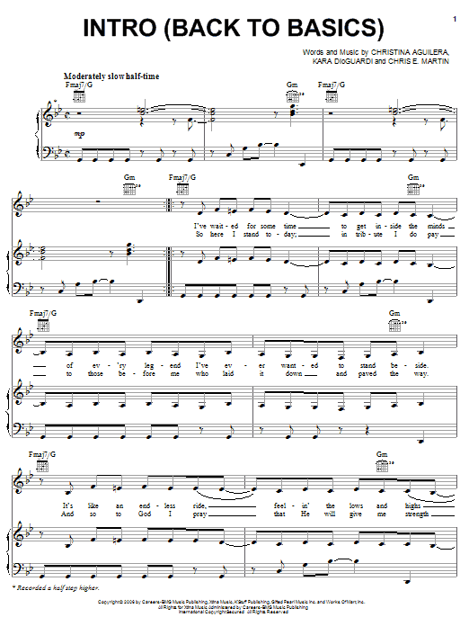 Download Christina Aguilera Intro (Back To Basics) Sheet Music and learn how to play Piano, Vocal & Guitar (Right-Hand Melody) PDF digital score in minutes