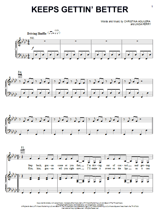 Download Christina Aguilera Keeps Gettin' Better Sheet Music and learn how to play Piano, Vocal & Guitar (Right-Hand Melody) PDF digital score in minutes